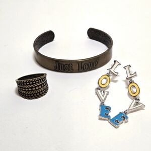 Copper Love Cuff Bracelet Copper Ring Size 8 Post Silvertone Enamel Earrings